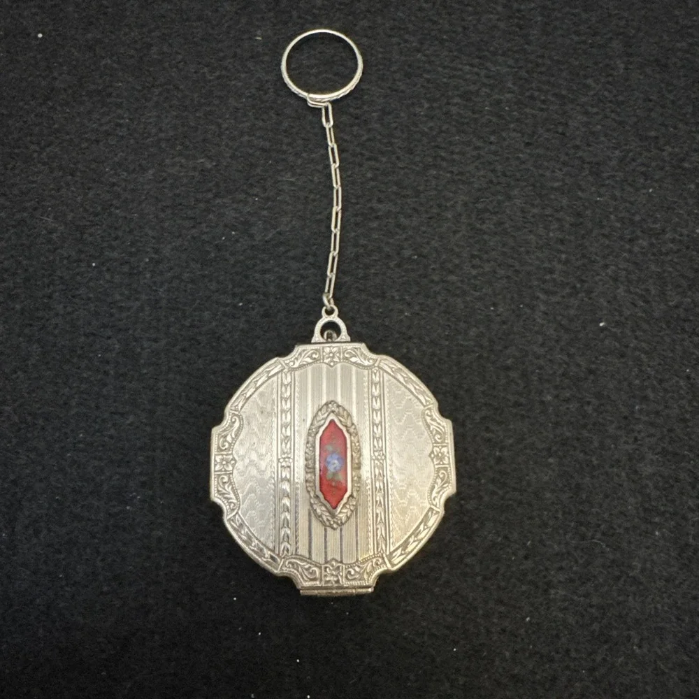 Antique Art Deco Silver Blue Guilloche Enamel Fob Chain Puff Dance Compact